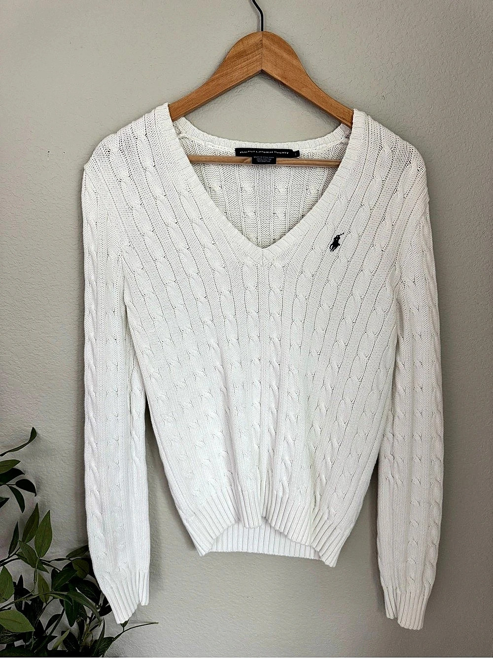 Ralph Lauren White Fisherman Cable Knit V Neck Sweater Women L Preppy Minimalist